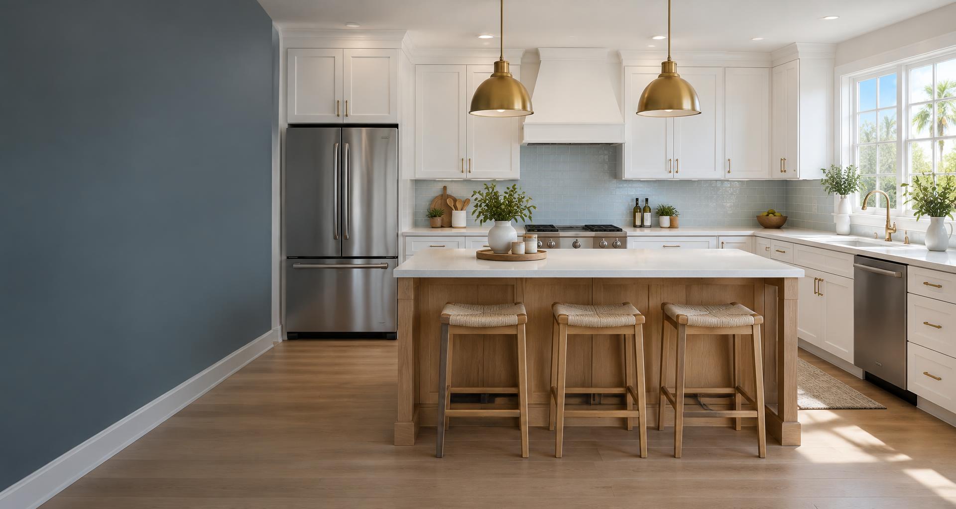 AI kitchen inspiration with white cabinets, an oak island and brass accents