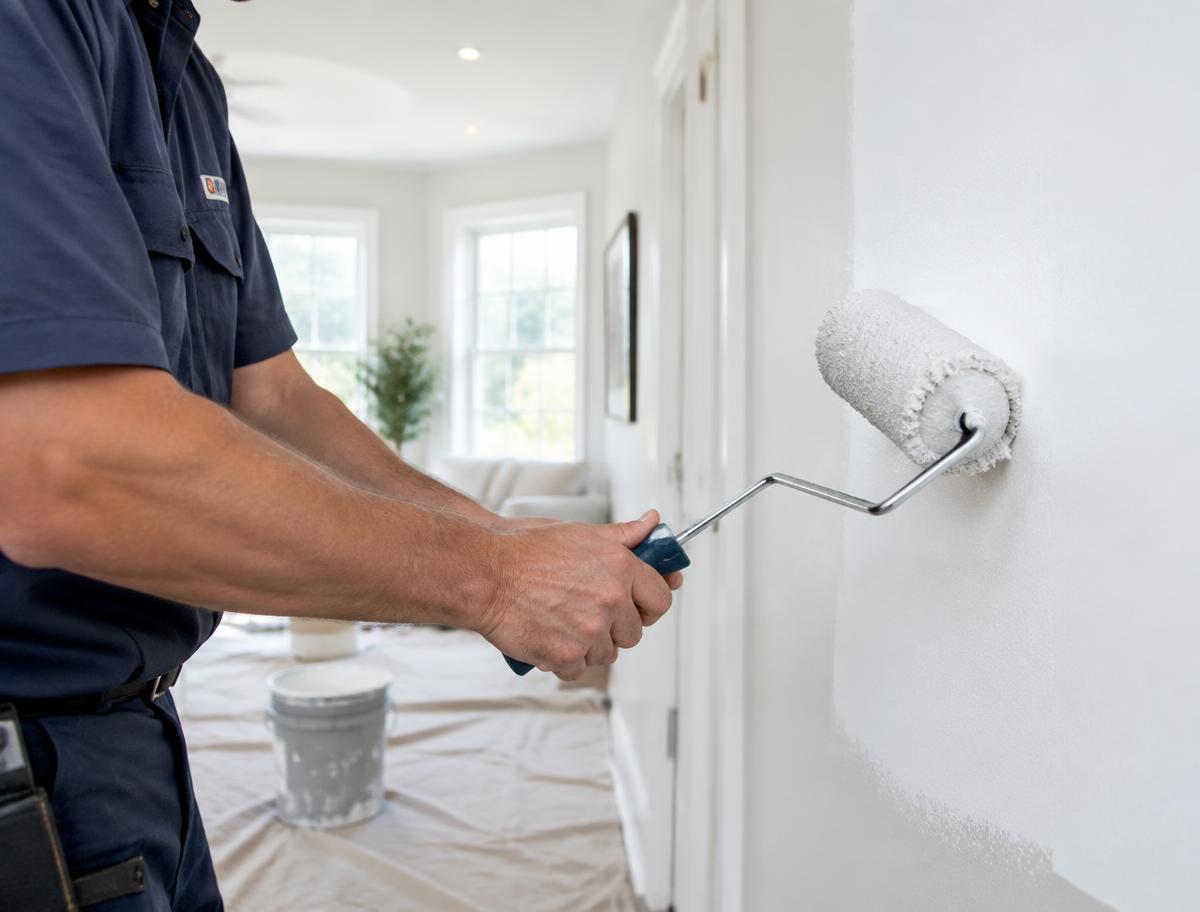 Technician rolling fresh paint onto an interior wall